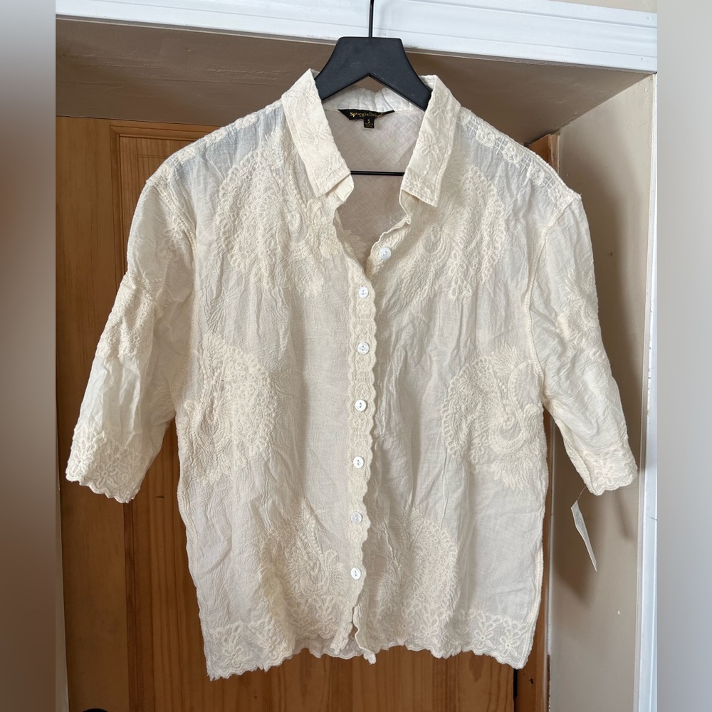 New Spaggia Dolce Classic Button Down Blouse Natural Dainty Embroidery, Boho, S
